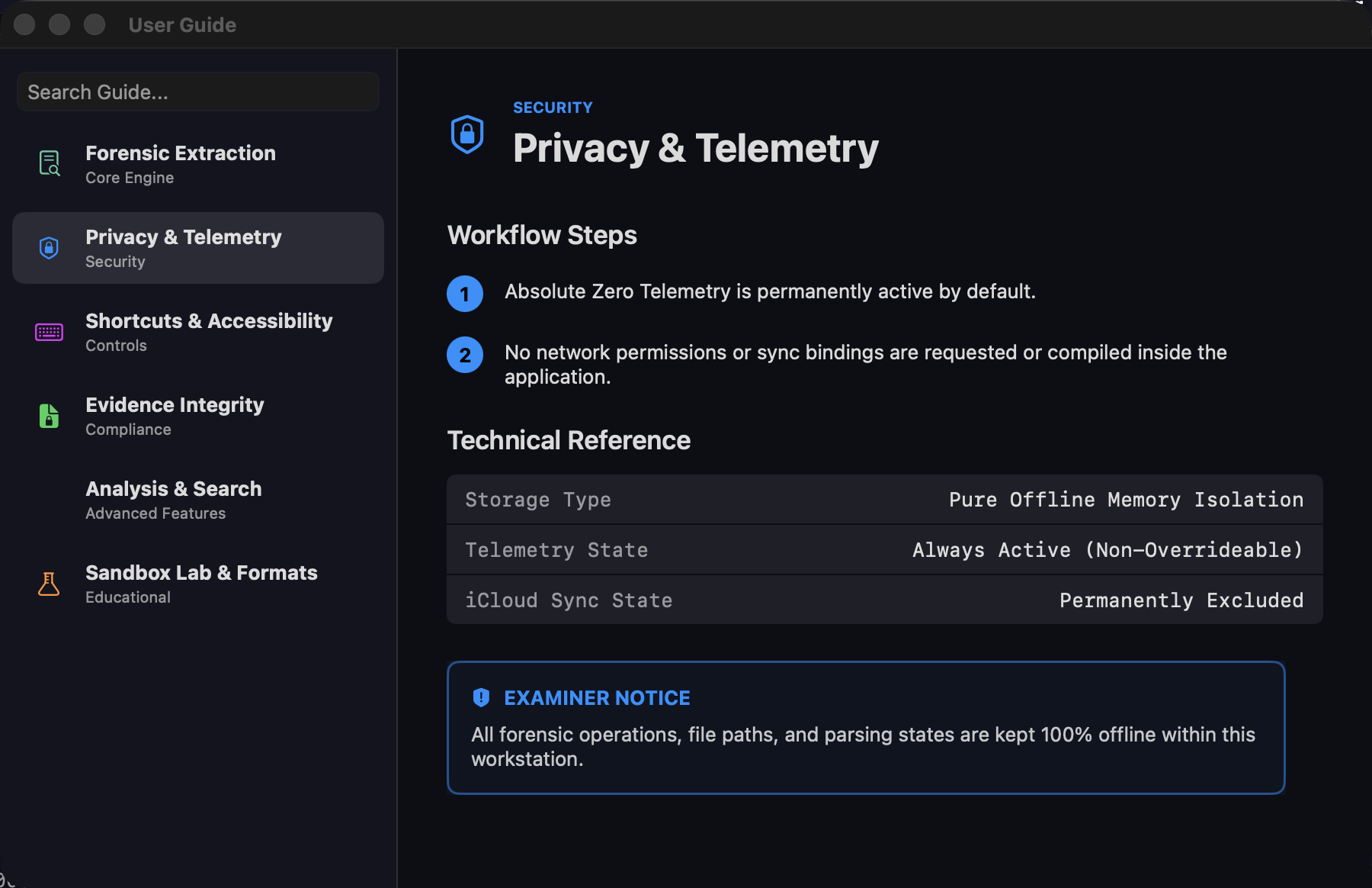 HexLume built-in User Guide covering forensic extraction, privacy, evidence integrity and the sandbox lab